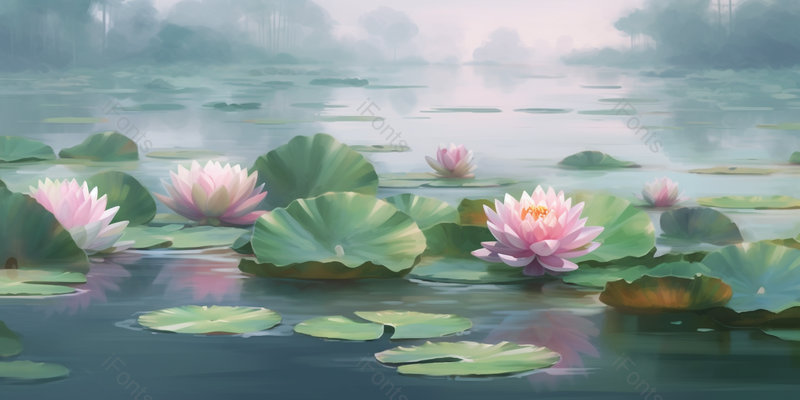 绿色清爽夏天树林间水雾环绕荷花在池塘里绽放中国风背景插画,插画/手绘图,插画/手绘图库,插画/手绘图下载,插画/手绘